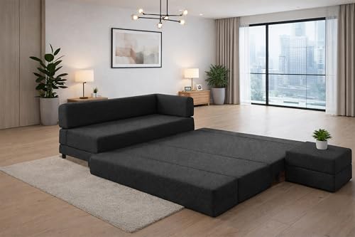 Image of Leg Sofa Cum Bed with Ottoman | Jute Fabric | Multipurpose Folding 3 Seater Sofa Bed 5x6 Ft for Living Room | Space Saving Furniture | Modern Design - Black