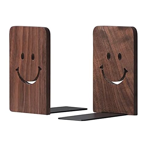 Muso Wood Bookends for Shelves, Non Skid Book Ends for Office Home Kitchen, Smile Bookends for Holiding Books (Walnut) Cover