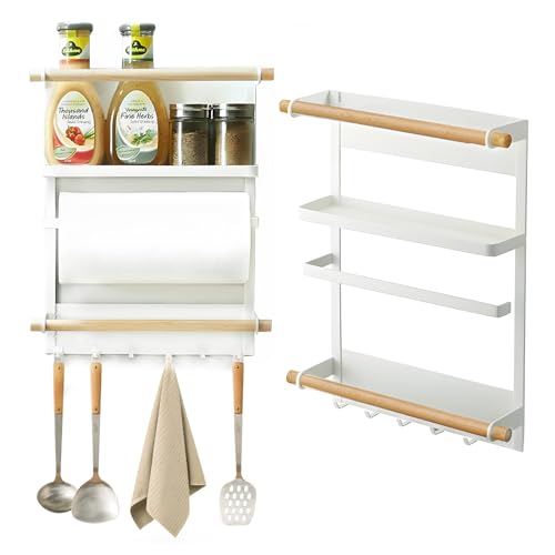 OXTXO Magnetic Spice Rack for Refrigerator, 3-Tier Fridge Organizer Shelf with 6 Hooks, Wooden Design – Kitchen Storage Rack for Spices, Towels, Jars & Paper Roll (White)