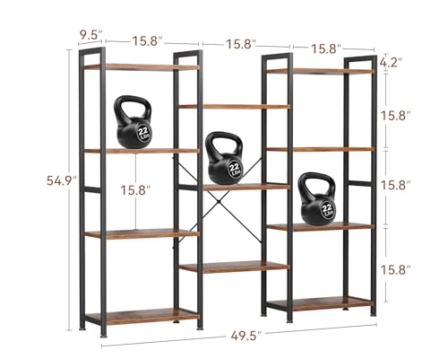 Casaottima Triple 4 Tier Bookshelf, Large Bookcase with 11 Open Display Shelves, Modern Industrial Book Shelves Book Case for Bedroom, Wide Standing Shelving Unit for Living Room Home Office, Vintage