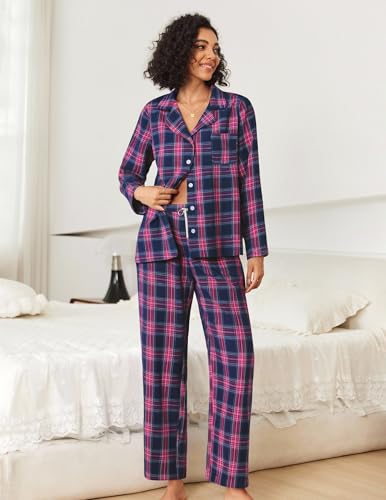 Ekouaer Womens Pajama Sets 2 Piece Cotton Plaid Pjs Long Sleeve Sleepwear Button Down Lounge Set with Pockets3