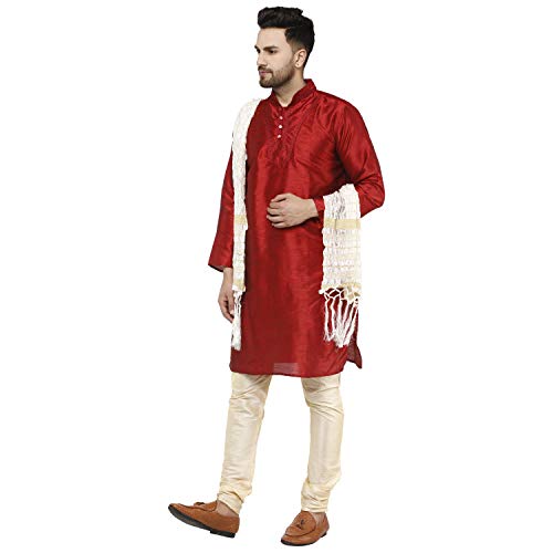 Image of SKAVIJ Men's Art Silk Embroidered Kurta Pyjama Scarf Set 3-Piece Woven Design Festive Party Dress