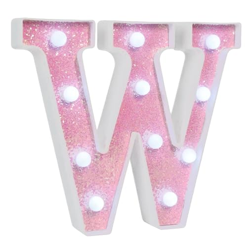Image of Pink Glitter Marquee Light Up Letters, Battery Operated LED Letter Lights Signs for Pink Birthday Party Table Decorations, Wall Decor for Girls Bedroom, Initial Letter W with Cool White Lights