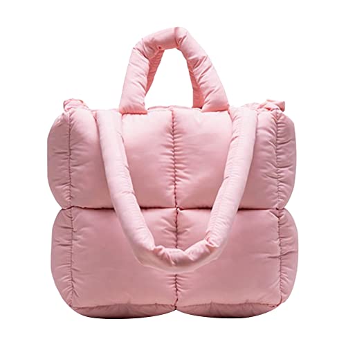 Grand sac fourre-tout matelassé rétro classique pour femme avec fermeture éclair - Sac à bandoulière Y2K - Couleur unie - Poignée sur le dessus (rose)