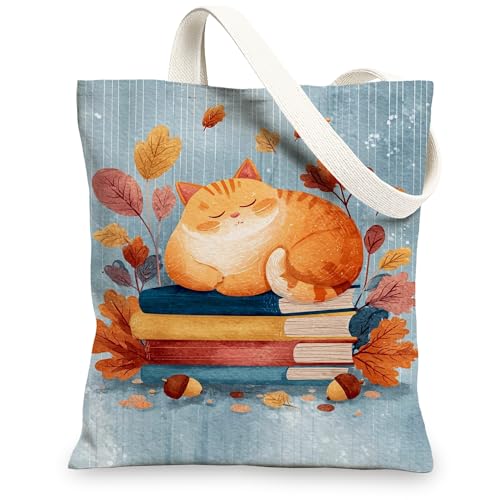 Bonitas bolsas de lona con adorable patrón de gato, bolsas de compras reutilizables ligeras y lavables con correa de hombro para gimnasio, Azul, 13x15 Inch