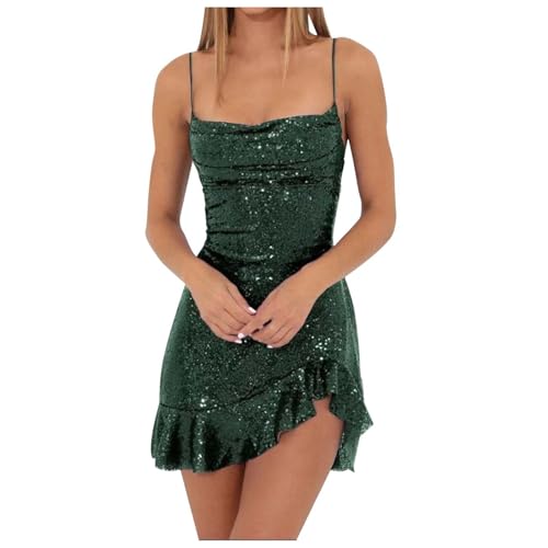 2025 - Vestido de fiesta para mujer con tirantes y encaje con purpurina, escote en la espalda, con borde de hojas, vestido sin mangas con tirantes sin mangas, vestido de tirantes para mujer, Gn2., L