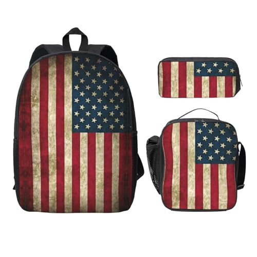 Mochila escolar ligera de bandera de EE. UU. negra pack de 3 piezas con estuche y lonchera