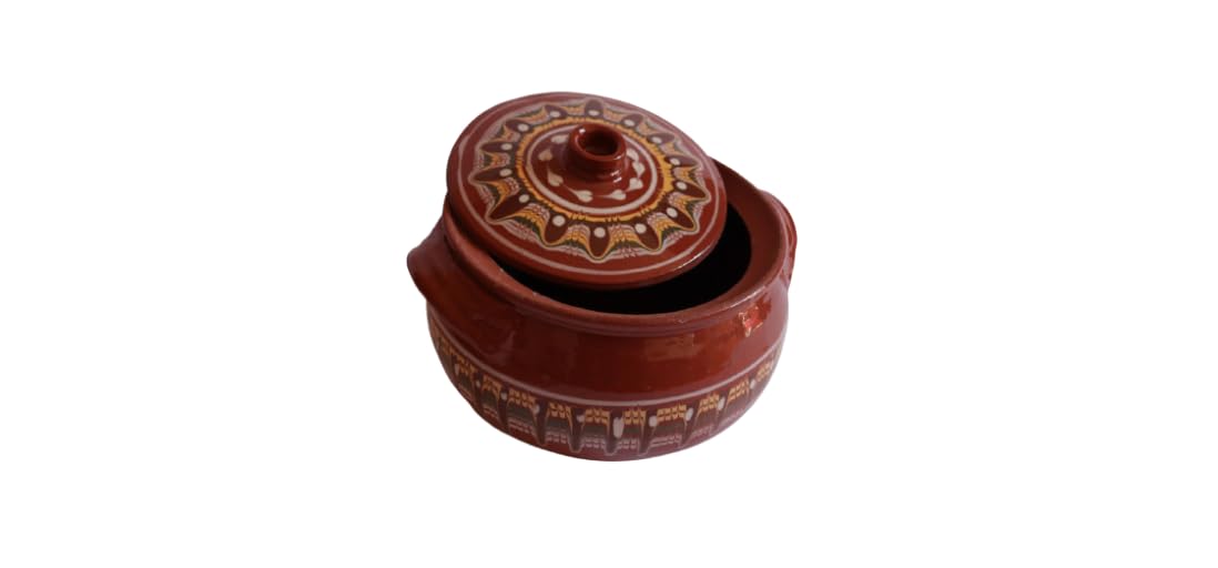 Tradizionale pentola Troyan fatta a mano in argilla con coperchio, motivo decorativo, capacità 3L/5L, piatto unico in terracotta per ogni casa (3L.)