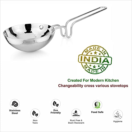 Image of Prabha Tadka Pan Stainless Steel 13cm Tadka Pan 340ml Capacity | Small Hammered Tadka Pans Induction Base | Home & Kitchen TadkaPan with Handle | Frying Dal /Spices Heavy Gauge Unbreakable-Silver