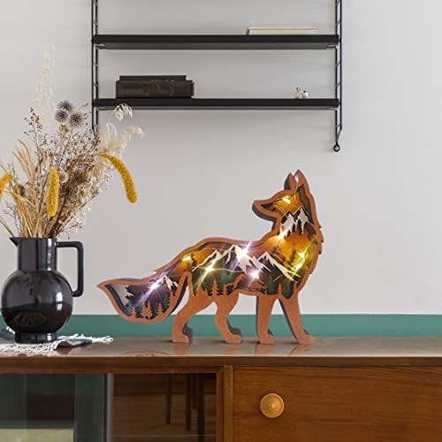 VKTY Wooden Fox Decor Wooden Animal Fox Desktop Ornament with Light Carved Fox Decor Forest Animal Home Ornament Shelf Table Fox Silhouette