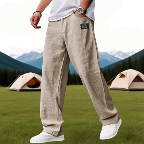 Mokaloha Mens Pants, Fall Men's Casual Hemp Fabric Embroidered Logo Drawstring Loose Elastic Waist Pocket Trousers2