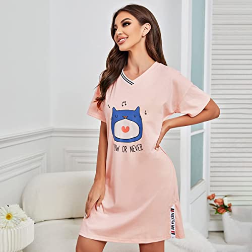 Fenteng Women's Sleepwear Loose Nightgown Comfy Pajama Novelty Sleepshirts Short Sleeve Nightdress (M, Pink) #TOP3