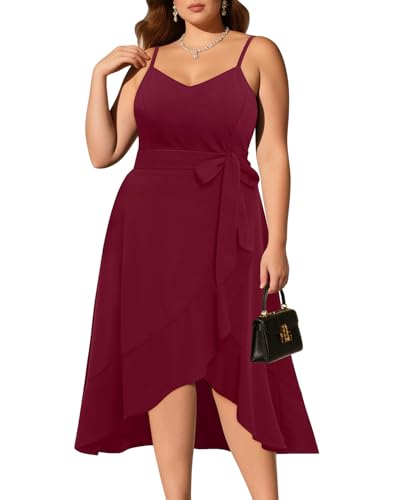 Image of Pinup Fashion Plus Size Cocktail Party Wedding Guest Semi Formal Midi Dress | Sexy V-neck, adjustable spaghetti strap, belted waist, fit and flare, flowy high-low ruffle hem, ideal for prom, homecoming