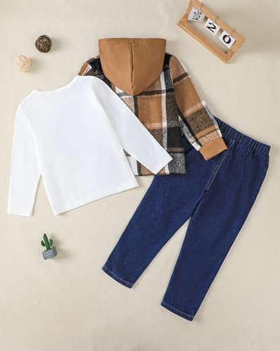 Renotemy 3PCS Toddler Boy Clothes Winter Fall Outfits Flannel Plaid Hoodie Sweatshirt White T-Shirt Jeans Sets for 2-7Y Boys4