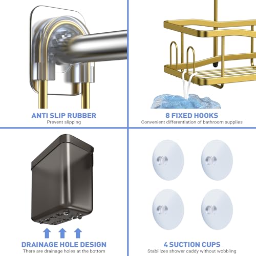 Image of Aitatty Hanging Shower Caddy Bathroom Organizer: Rustproof Shower Shelf Racks Over Shower Head - No Drilling Inside Bath Shower Rack Shelves Over Showerhead for Shampoo with Soap Holder Gold