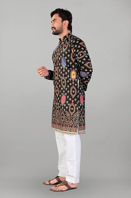 Image of Valaki Kurta Pajama Set for Men Border Printed Traditional Straight Kurta with Pyjama for Men