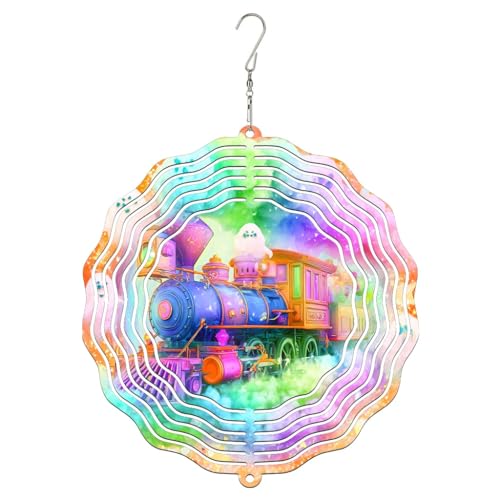 Train Wind Spinner, Fantasy Fanciful Cloud Rainbow Spring Blue Metal Hanging Wind Sculptures Outdoor Ornaments for Garden Porch Balcony Hallways Decor 12 Inch