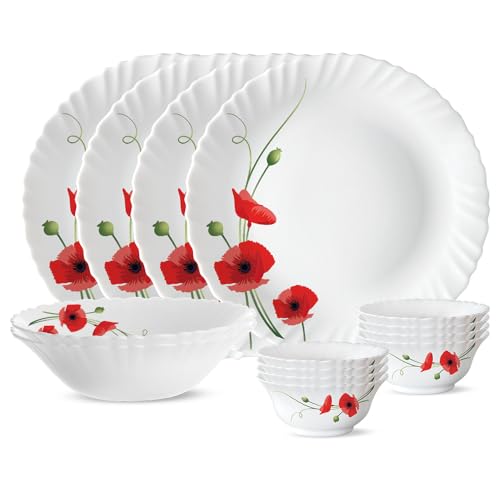 Image of Larah by BOROSIL Red Carnation Opalware Dinner Set, (14-Pieces, White)