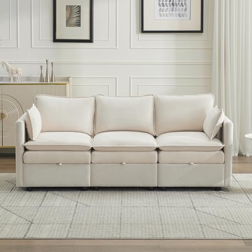80" Cloud Modular 3 Seater Sofa with Storage, Modern Upholstered Storage Sofa Couch Deep Seat, Sectional Sofa Chenille Comfy Couch with Armrests for Living Room, Small Space, Beige