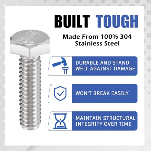 Image of Zonon 50 Pcs 1 /4-20 x 1 Hex Head Screw Bolt 18-8 (304) Stainless Steel Hexagon Bolts, Fully Threaded, Plain Finish, External Hex Drive (Silver)