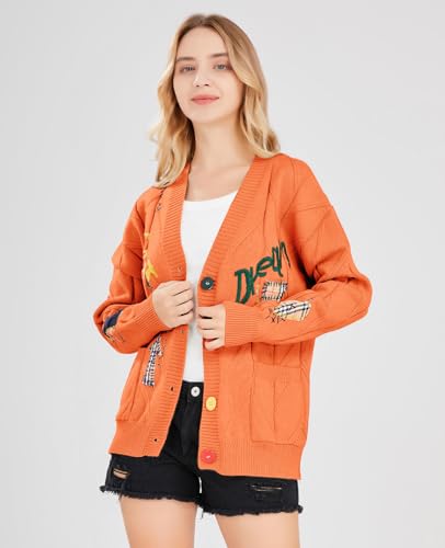 Women's Cable Knit Long Sleeve Open Front Cardigan Sheep V-Neck Button Down Embroidery Wool Blend Sweater Coat Outwear