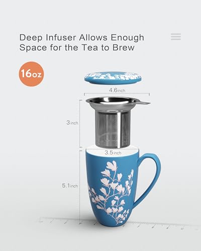 Navy Flower Tea Cup With Infuser and Lid