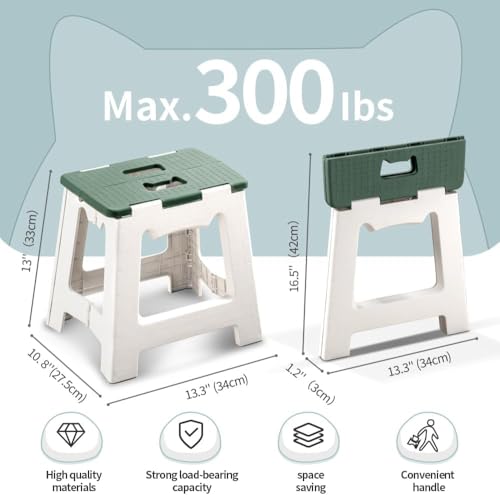 Image of Premium Folding Step Stool for Adults and Kids Non-Slip Folding Stools with Portable Handle, Compact Plastic Foldable Step Stool for Bathroom,Bedroom, Kitchen (Green)
