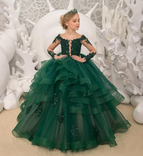 Long Sleeve Flower Girl Dresses Laces Applique Beaded Princess Pageant Dress Beaded Ruffle Tulle Kids Prom Party Gown2