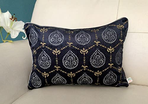 Image of TARA- Sparkling Homes 12 x 18 Inches Embroidered Velvet Cushion Covers, 'Padmini' from 'The Royal Collection', Set of 1 (Midnight Blue, 12 x 18 Inches)