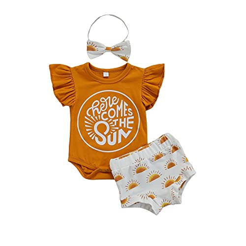 Image of Infant Newborn Baby Girl Summer Clothes Here Comes The Sun Romper Tops Sunshine Bloomer Shorts Outfit Set