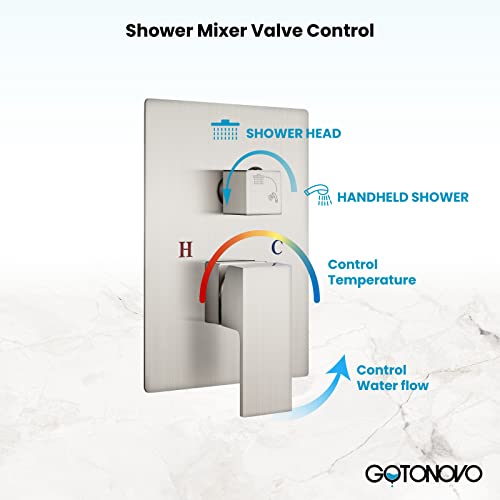 Gotonovo Brushed Nickel Wall Mounted Shower System10 Inches Square High Pressure Rain Shower Head With Pressure Balance Handheld Rough-In Mixer Valve （Female Thread） Bathroom Luxury Shower Faucet Set #TOP4