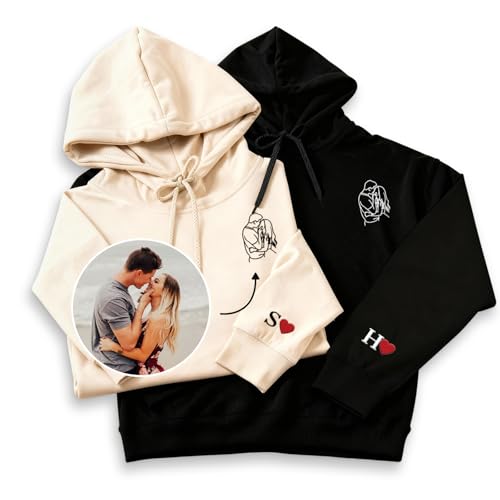CUSTOM STEWARD Personalized Embroidered Hoodie Sweatshirt Custom Photo Sketch Design Cotton-Polyester Blend Unisex XS-4XL for Couple