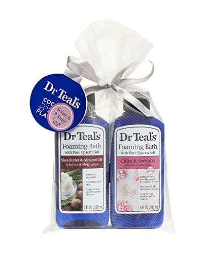 Dr Teal's Foaming Bath Holiday Gift Combo Pack (6 fl oz Total): Soften & Moisturize with Shea Butter & Almond Oil and Calm & Serenity with Rose Essential Oil. Treat Your Skin, Senses, and Stress Dr Teal's Foaming Bath Holiday Gift Combo Pack (6 fl oz Total): Soften & Moisturize with Shea Butter & Almond Oil and Calm & Serenity with Rose Essential Oil. Treat Your Skin, Senses, and Stress