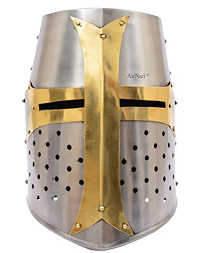 AnNafi® Brass Crusader Helmet | Medieval Metal Knight Helmets | Premium Quality with Fitted Leather Liner | Dark Crusades Helmet Wearable for Adult | Medieval Costumes