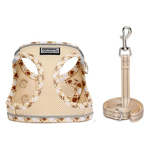 DORAMIO Hundegeschirr Kleine Hunde mit Leine, Step-in Geschirr Reflektierend Atmungsaktiv Brustgeschirr Anti Zug Sicherheitsgeschirr Katzengeschirr für Kleine Hunde, Katzen (Beige, XXS)
