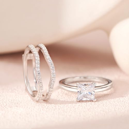 SHELOVES Solitaire Princess CZ Engagement Rings Set for Women Wedding Rings Enhancers band 925 Sterling Silver 4-133