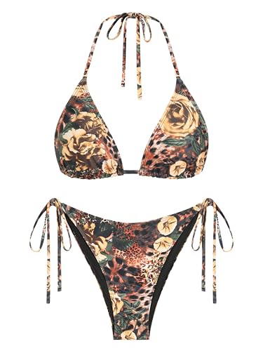 Image of ZAFUL Bikini Sets for Women Halter Bow Decor Tiny Floral Gingham Print Swimsuit Tie Side 2 Pieces Bathing Suit