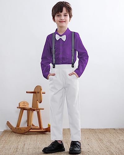 Image of SANGTREE Boys Gentleman Clothes Set, Short Sleeve Shirt with Bowtie + Suspender Pants Outfit, 3 Months - 6 Years