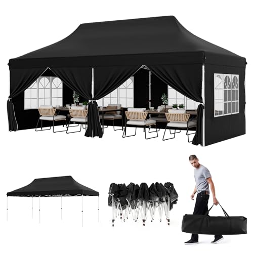 HAPPYGRILL Pop-up Canopy with Detachable Sidewalls, 10x20FT Instant Canopy Tent with Carrying Bag, UPF50+ Sun Protection, Easy Setup Gazebo for Outdoor Party Wedding