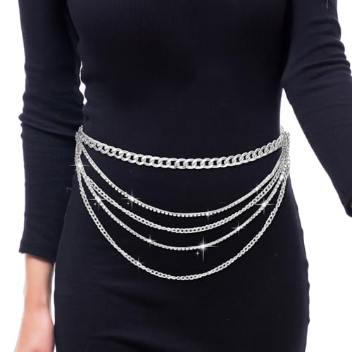 Layered Sparkly Rhinestone Chain Belt, Adjustable Bohemian Waist Belt Silver Rhinestones Belly Waistband for Women