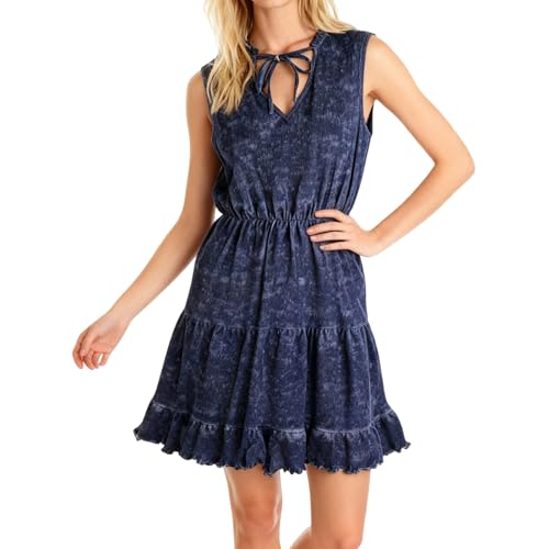 Image of Women's Summer Sleeveless Casual Tie Dye V-Neck Tiered Tank Dress 2025 Ruffle Beach Vacation T-Shirt Mini Dress
