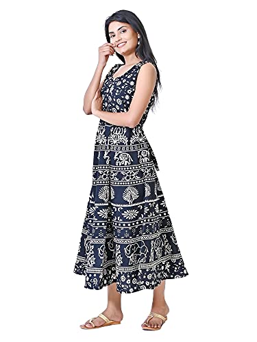 Image of Women's Cotton Printed Traditional Long Midi Maxi Kurti /One Piece Dress (Black Hathi,)