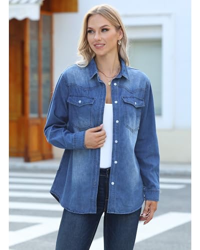 luvamia Long Denim Jacket for Women Lightweight Trendy Jean Button Down Shirts Jackets Oversized Shackets with Pockets3