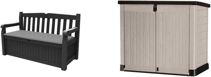 Keter Eden Bench 265L Outdoor Garden Storage Box Garden Furniture - Graphite and Grey & Store It Out Pro Outdoor Storage Shed, 145.5 x 82 x 123cm Beige/Brown