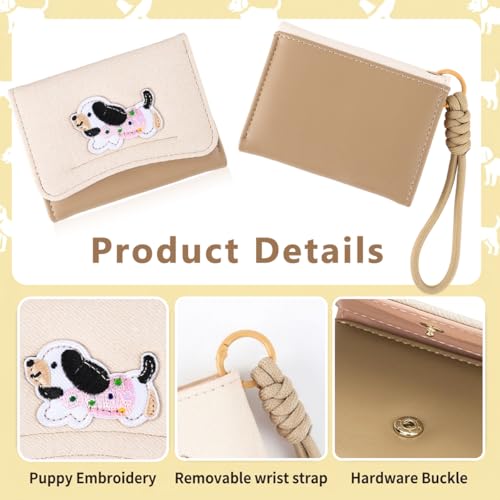 Image of PALAY Wallet for Women Cute Beige Puppy Card Holder Wallets Slim Compact ID Credit Card Coin Purse Kawaii Embroidered Mini Coin Pouch with Detachable Wrist Strap