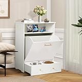 TITIMO Pet Feeder Station,Dog Food Storage Cabinet Container with 2 Pull Out Dog Elevated Bowls and Hanger,Pet Toy Storage Organizer,Feeding & Watering Pet Supplies (White)