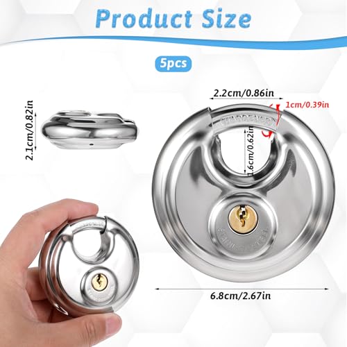 Image of 5 Pack Discus Padlocks Keyed Stainless Steel Heavy Duty Locks 2-3 /4 inch Wide Round Lock Waterproof Outdoors Storage Lock with Brass Keys for Storage Unit Gate Hasp Latch Outdoor Fence