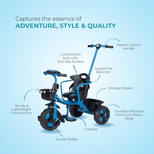 Image of ViniToys Sparx PH Baby Tricycle for Kids 1 to 5 Years with Removable Parental Control Handle, Safety Guard, Seat Belt, Footrest, Music, Storage Baskets and Wide Grip Wheels (Blue, Sparx PH)