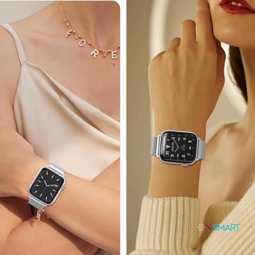 Pulseira patenteada de malha milanesa compatível com Apple Watch séries 9/8/7/6/5/4/3/Ultra/2/1/SE,