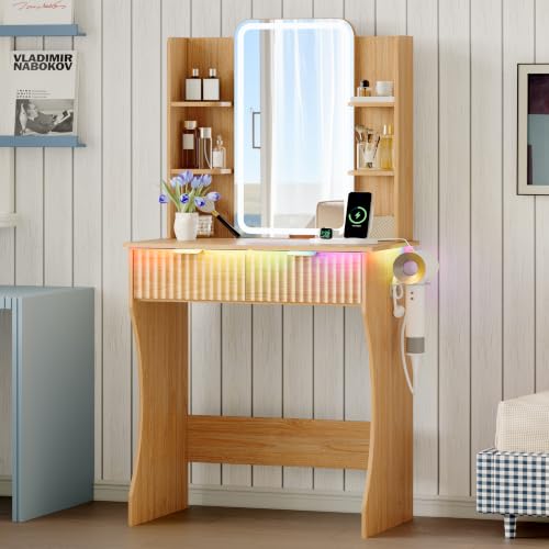 Image of Xixini Vanity Desk with LED Lights Mirror & Power Outlet, Small Makeup Vanity Table Set with Storage Drawers, 3 Lighting Modes & Adjustable Brightness, Dressing Table for Women Girls Bedroom, Oak